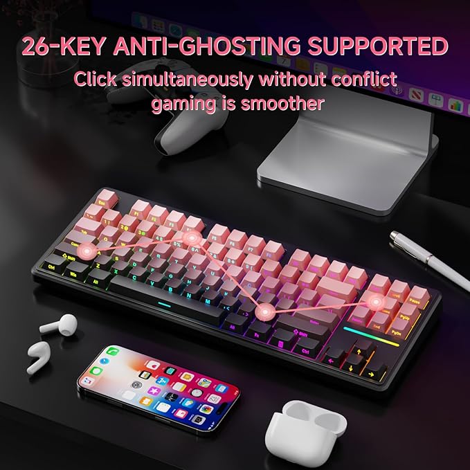 V80 Wired TKL RGB Gaming Keyboard 80% Compact Layout with PBT Keycaps Whisper Quiet Membrane Switch 26-Key Anti-Ghosting Ergonomic Computer Keyboard for Laptop PC Gamer - BlackBerry Pink
