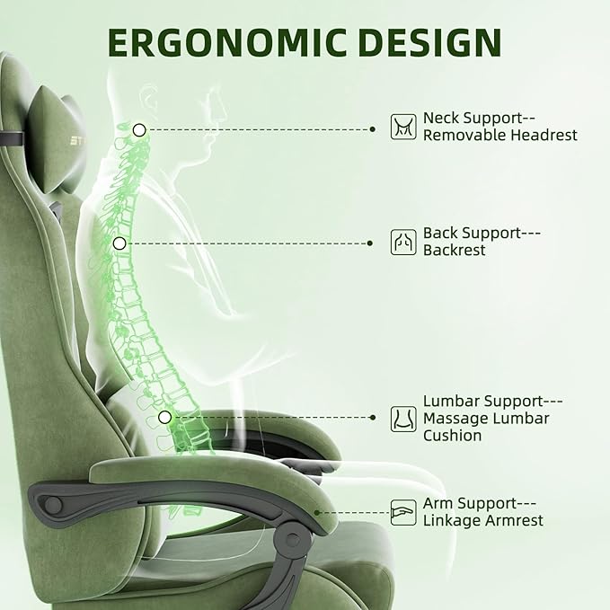 Ferghana Velvet Fabric Ergonomic Gaming Chair with Footrest and Massage High Back Reclining Computer Gamer Chair for Adult Racing Style PC Video Game Chair Suitable for Home Office (Green)