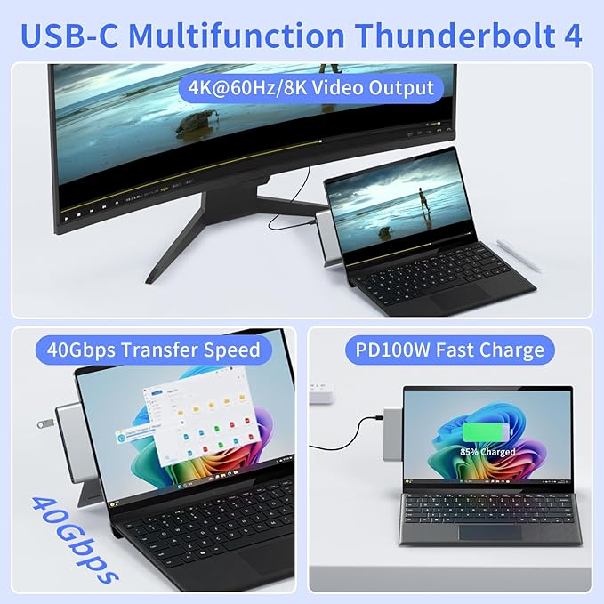 Surface Pro 11 Accessories Docking Station with Dual 4K@60Hz HDMI USB-C Thunerbolt 4 (Display+Data+100W Charging) 2 USB 3.0 SD/TF 3.5mm Mic USB C Hub Adapter for Surface Pro 11/10/9/X