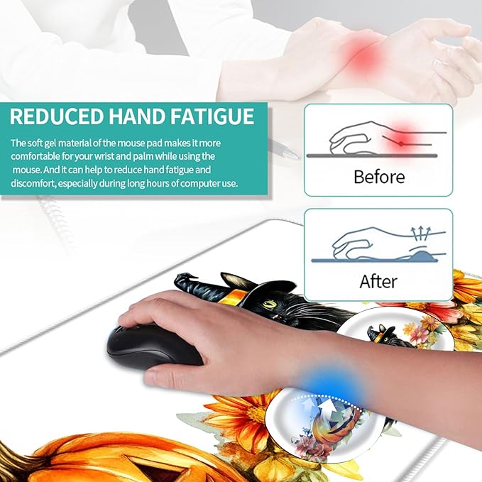 Keyboard Mouse Pad Set Extended Gaming Mouse Pad+Ergonomics Keyboard Wrist Rest Support Memory Foam Easy Typing Pain Relief 4Pcs XL Ultra Thick Desk MatHalloween Pumpkin Black Cat