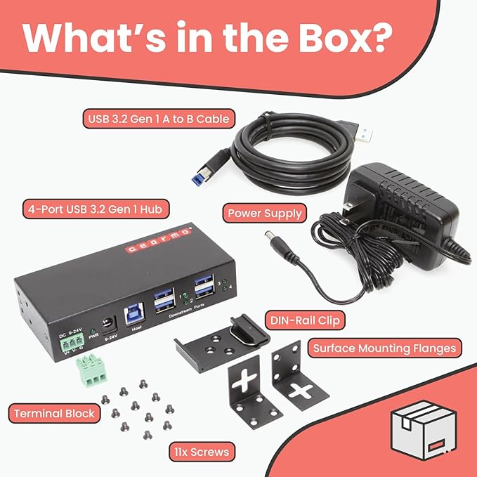 Gearmo 4-Port USB 3.2 Gen 1 Industrial Metal Hub w/15KV ESD Protection