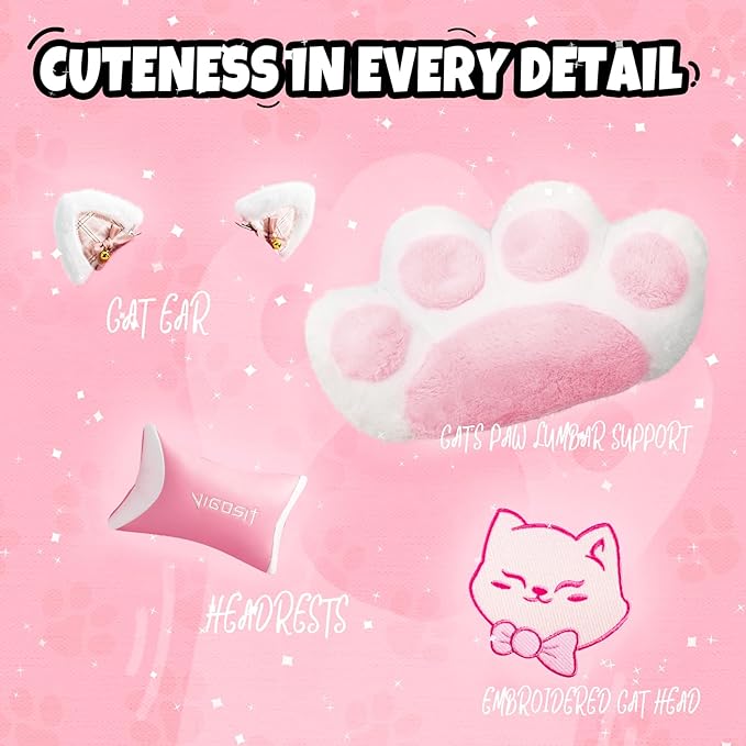 Cute Cat Gaming Chair with Paw Lumbar Cushion PC Video Gamer Chair for Girl Teen Woman (Pink)