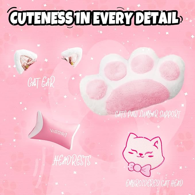 Gaming Chair Cute with Cat Ears Paw Lumbar and CushionErgonomic Computer Chair with FootrestReclining PC Game Chair for Girl Computer Chair 300lbs for Adult (White&ampPink)