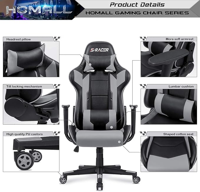 Homall Gaming Chair Office Chair High Back Computer Chair Leather Desk Chair Racing Executive Ergonomic Adjustable Swivel Task Chair with Headrest and Lumbar Support (Grey)