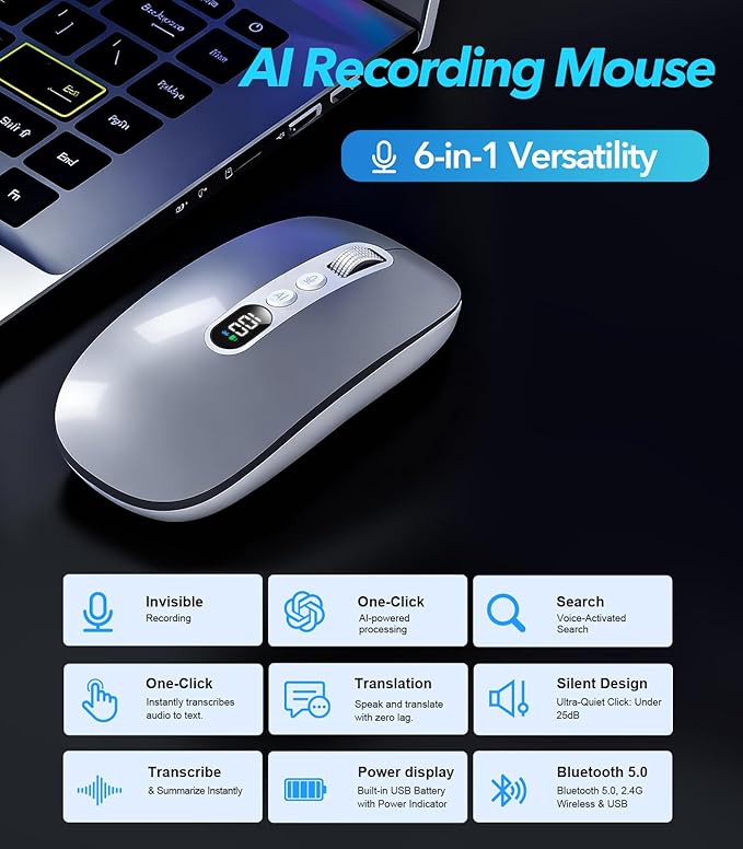 AI Wireless Mouse for Laptop PC- Enabled Bluetooth Mouse with Voice Recording &amp AI SummarizeErgonomic Presenter Laser Pointer RemoteUSB Rechargeable High-Performance Office Device