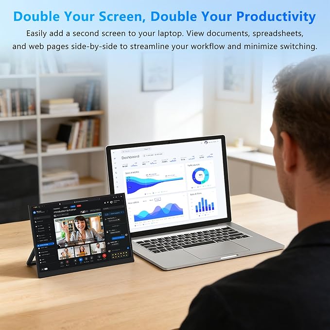 15.3-inch portable monitor with a Full HD 1200p IPS display featuring USB-C and Mini HDMI ports ideal as a second screen for laptops desktops Macs mobile phones Xbox and PS5built-in speakers
