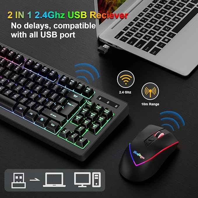BlueFinger Wireless Keyboard and Mouse Combo Long Lasting Rechargeable Battery 87 Keys RGB Rainbow Backlit Gaming Keyboard &amp Ergonomic Light Up Gaming Mouse for Mac Laptop Computer PC Gamer
