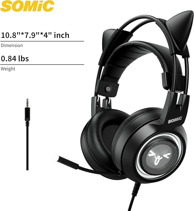 SOMIC Stereo Gaming Headset with Mic for PS4 PS5 Xbox One PC Mobile Phone 3.5MM Sound Detachable Cat Ear Headphones Lightweight Self-Adjusting Over Ear Office Headphones G951S Black