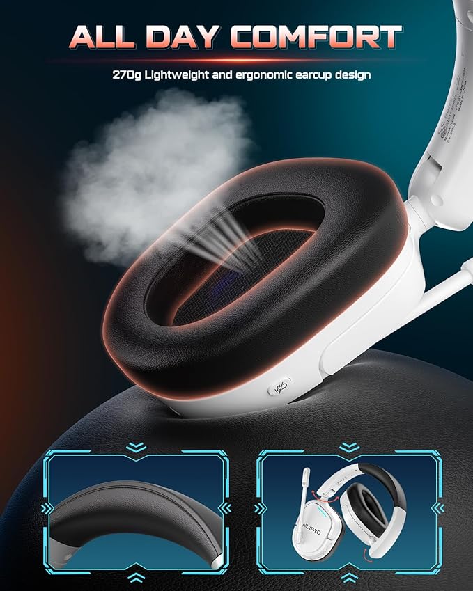 NUBWO Gaming Headset Wireless for PS5 PC PS4 - Dual 2.4G &amp Bluetooth Simultaneous Headphones EQ Sound Modes Noise-Canceling Mic 50-Hour Battery Comfortable Foldable Design 270g Lightweight