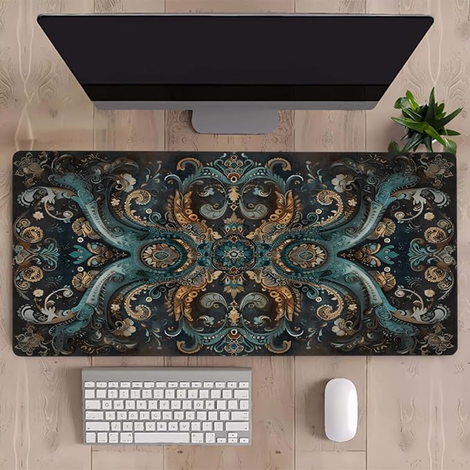 Trippy Turquoise Paisley Large Mouse Pad Gaming Mousepad Desk Mat for Desktop Computer Keyboard Waterproof Mouse Mat Desk Pad with Non-Slip Base for Game School Office Home 35.4 x 15.7