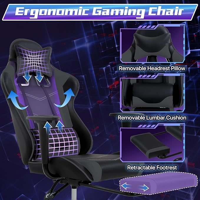Gaming Chair for Adults - 250lbs Capacity Video Game Chair with Footrest &amp Lumbar Support Ergonomic 360° Swivel Height Adjustable Office Gamer Chair Heavy-Duty PU Leather (Grey)