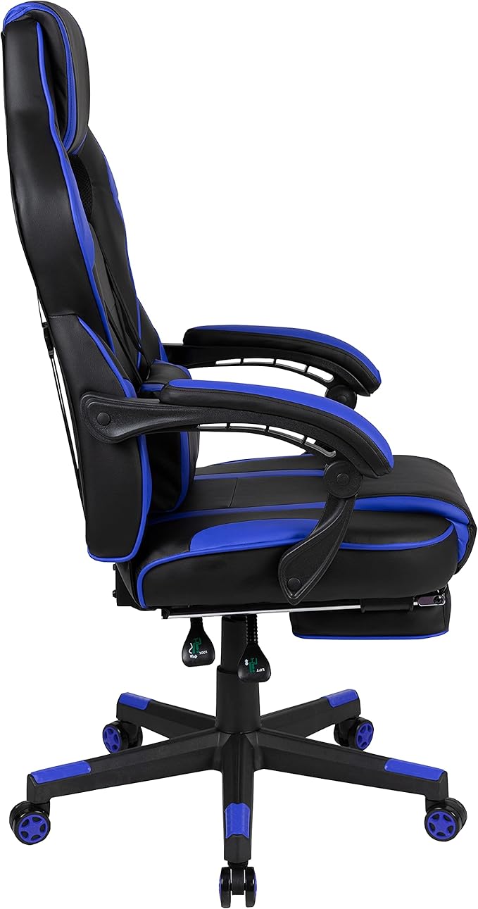 EMMA + OLIVER Black/Blue Ergonomic Gaming Chair -Recline Back/Arms Footrest Massaging Lumbar