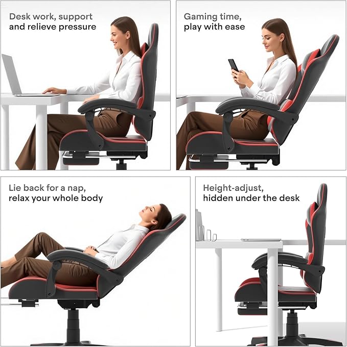 Athena Collection Ergonomic Gaming Chair with Footrest &amp Headrest Lumbar Support Height Adjustable Swivel Office Chair Reclining Game Chair Leather High Back Computer Chair for Adults Kids Red