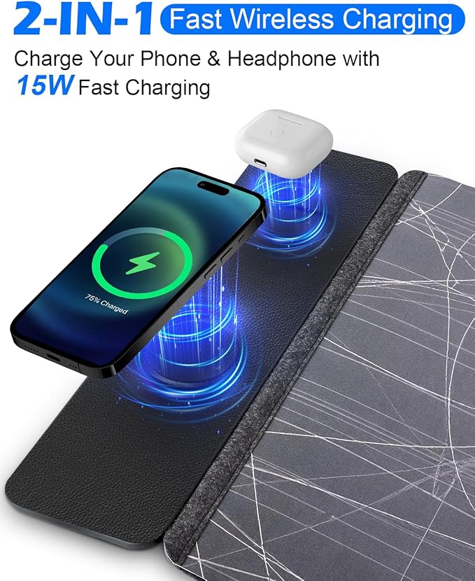 Wireless Charging Mouse Pad 30x15 XXL Large Desk Mat with Wireless Charger Two Layers Thicken PU+Felt Waterproof Mousepad for Laptop 2 in 1 Charging Station for iPhone