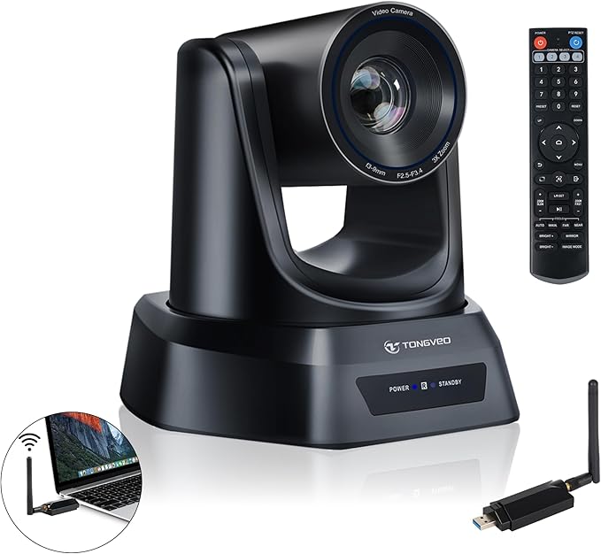 TONGVEO Wireless AI PTZ Camera with Auto-Tracking: Built-in 5.8GHz Receiver for Cable-Free Setup 1080P 60fps 3X Zoom Conference Camera for Church Services Online Classes &amp Hybrid Meetings