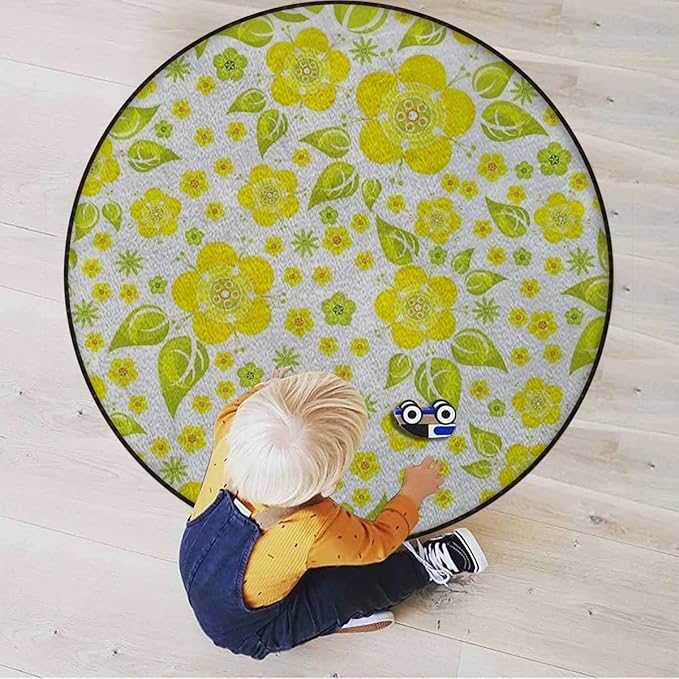 Exotic Marble Round Area Rug Throw Rugs Soft Washable Small Round Floor Mats for Bedroom Living Room Lemons Simplistic Citrus FruitsGreen Yellow White Diameter 43.3 in
