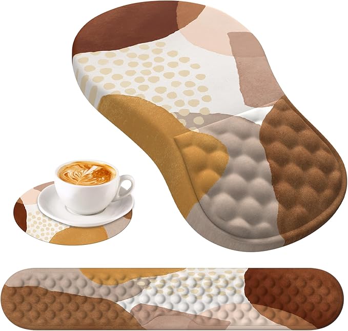 HAOCOO Ergonomic Mouse Pad with Wrist Support and Keyboard Pad Set 3 PCS Computer Carpal Tunnel Mouse Pads for Desk with Coaster Memory Foam Mousepad for Home Office Brown Boho