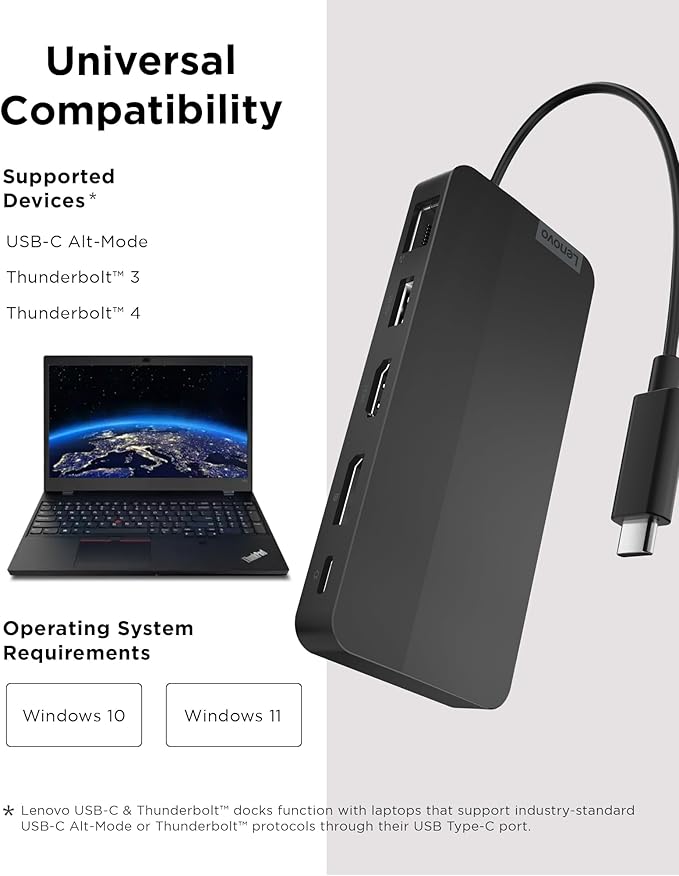 Lenovo USB-C Dual Display Travel Dock - 7 Ports Integrated USB-C Cable Universal Compatibility Dual Displays at 4K - Black