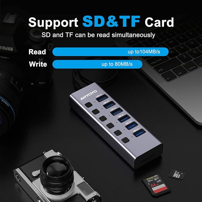 Powered USB Hub with TF/SD Card Reader 8-Port USB 3.0 Hub with 6 USB 3.0 Data Ports USB Spilter with Individual On/Off SwitchesAluminum USB Hub with AC Adapter for PC Desktop MacBook