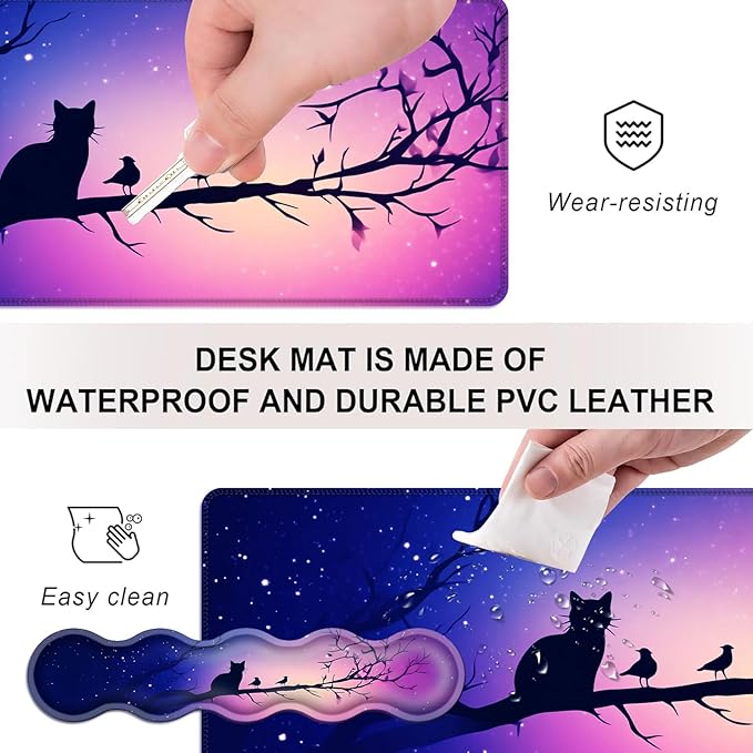 Mouse PadLarge Desk Mat Set 4in1 XL Mousepad + Keyboard Wrist Rest+Mouse Wrist Rest+Coaster with Ergonomic Desk Pad for Home Office Table Computer Cover -Cat and Birds on Branch