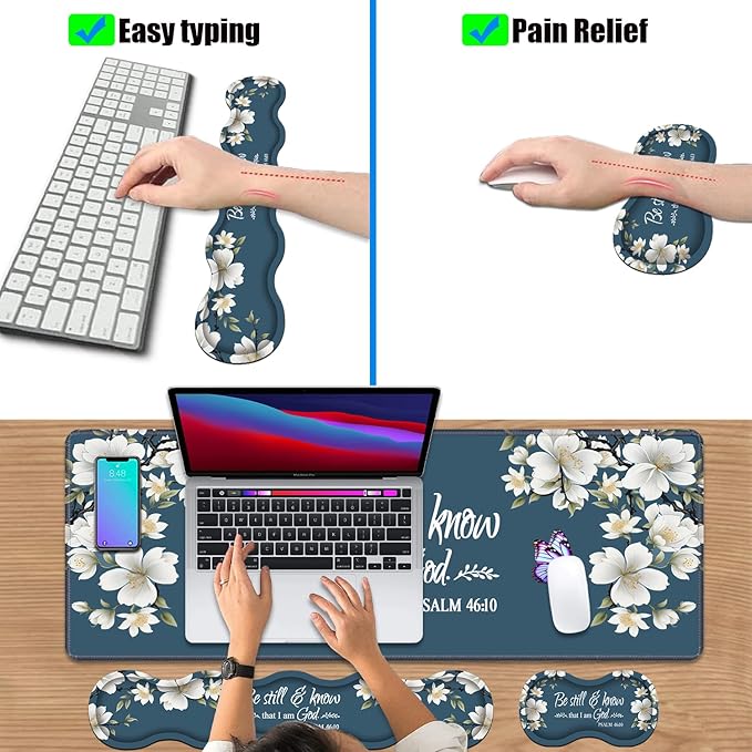 4 in 1 Ergonomic Keyboard Wrist Rest &amp Mouse Pad Wrist Rest SetLarge XXL Gaming Desk Mat 31.5x 11.8 with Non-Slip BaseMemory Foam for Home Office Study GamingFloral Quote Bible Verse Psalm 46