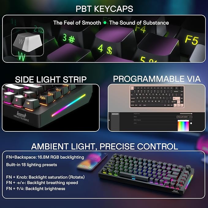 HINATSUSIKE H83 Pro 75 Percent Wireless Mechanical Keyboard for Gaming Hot-Swappable with Knob RGB Backlit Pre-Lubed Cardamom Linear Switches Side-Printed PBT Keycaps 2.4G/BT5.0/USB-C Black