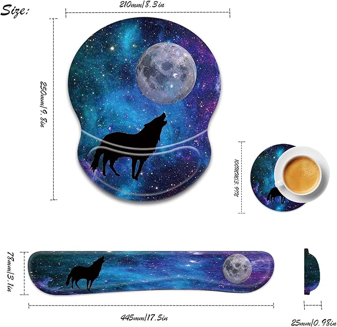 CUISHAN Ergonomic Gel Mouse Wrist Rest Pad and Keyboard Set Anti-Slip PU Bottom Easy Typing Relieve Pain with Cute Coaster Set (3-Fantasy Wolf Moon Galaxy)