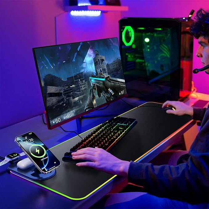 HAUTOCO Wireless Charging Mouse Pad 15W RGB Gaming Mousepad Waterproof Desk Mat with Phone Holder 35.4''x11.8'' Extra Large Desk Pad Non-Slip Base Computer Keyboard Mat for PC Laptop Black