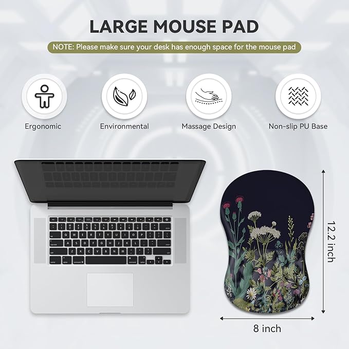 AIMSA Upgraded Wrist Rest Support Mouse Pad Ergonomic Mousepad Massage Memory Foam Design Pain Relief Comfortable Wrist Cushion Mat Non-Slip PU Base for Home Office Flowers Plants