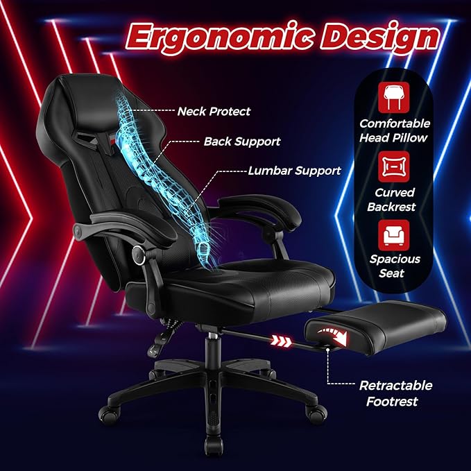 COSTWAY Gaming Chair Ergonomic Adjustable Racing Video Game Chair w/Retractable Footrest Padded Headrest &amp Lumbar Support High Back Reclining Home Office Computer Gamer Chair for Adults (Black)