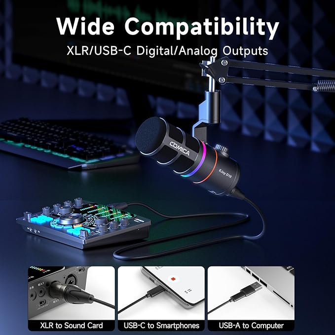 COMICA EJoy D10(A) USB/XLR Dynamic Gaming Microphone – Boom Arm Mic with Noise Cancellation Real-Time Monitoring Muting RGB Professional Studio Mic for Gaming Streaming Podcast Recording (Black)