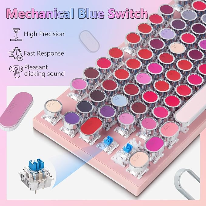HUO JI Mechanical Gaming Keyboard Typewriter Style with RGB Side Lit and Purple LED Backlit Retro Style Blue Switches - Clicky Metal Panel Lipstick 104 Keys USB Wired for Mac PC Cute Pink