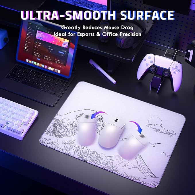 ATTACK SHARK CM05SE Glass Mousepad for Gaming Ultra Smooth Mouse Mat with Nano-Textured Surface Tempered Glass Mouse Pad Precision Speed Control for Games and Office (White Wave 16.1 L x 12.2 W)