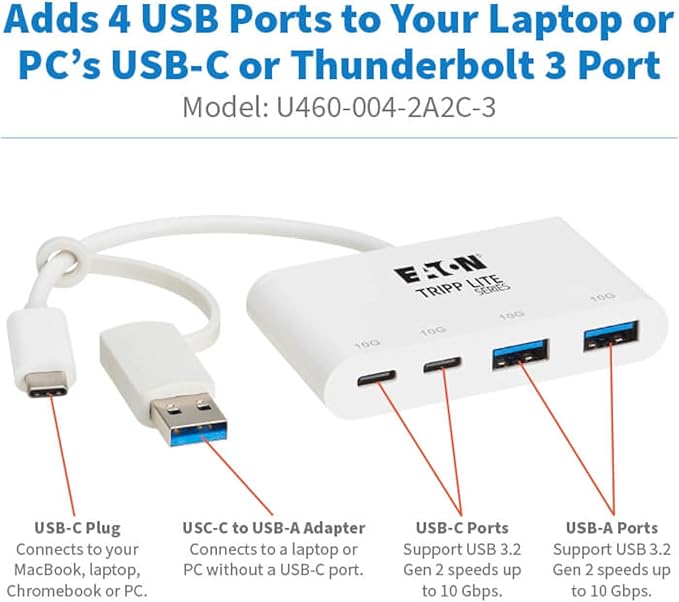 Tripp Lite 4-Port USB-C Hub for Laptop 2 USB-A &amp 2 USB-C Ports - USB 3.2 Gen 2 with 10 Gbps Data Transfer Thunderbolt 3 Compatible No Software Needed White 3-Year Warranty (U460-004-2A2C-3)