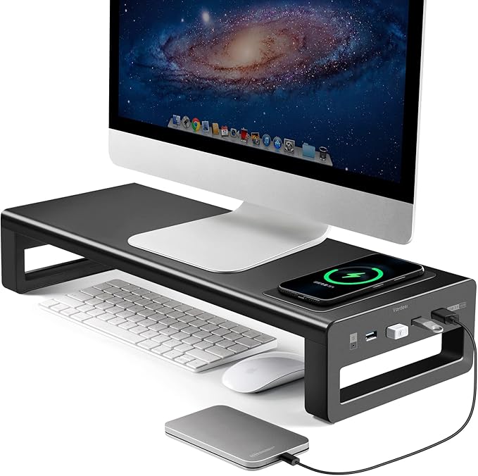 Vaydeer Wireless Charging and USB 3.0 Monitor Stand Monitor Riser for Desk with Storage Single Shelf Holder Raiser Organizer for Computer iMac Laptop PC Screen Heavy Duty Gift Gaming Studio Office