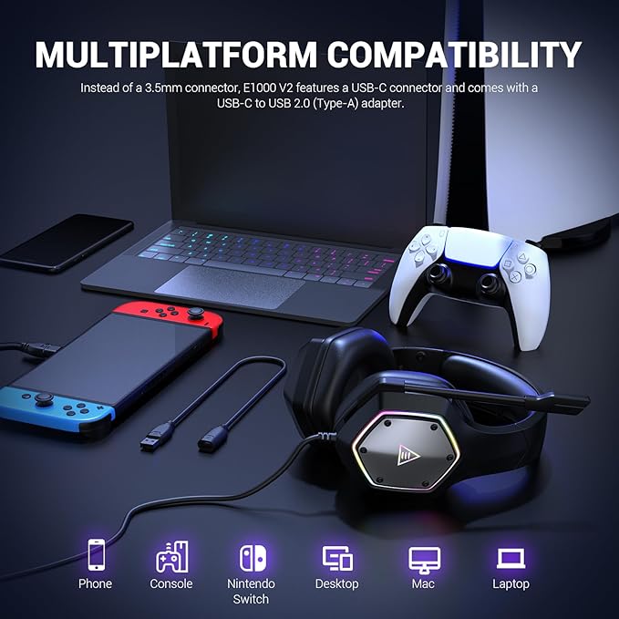 EKSA E1000 V2 Gaming Headset PC Headset with USB C Plug Wired Headphones with Noise Canceling Microphone 7.1 Surround Sound RGB Light include USB Adapter for ComputerMac PS4/PS5 Console Laptop