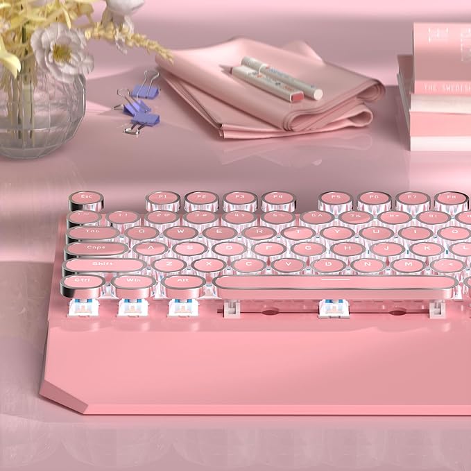 MageGee Typewriter Mechanical Gaming Keyboard Retro Punk Pink Round Keycaps 104 Keys LED White Backlit Wired Keyboards for Laptop MAC PC Gamer with Magnetic Wrist Rest Blue Switch