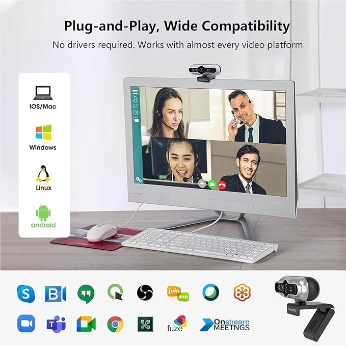 2K HD Webcam with Infrared Windows Hello Facial Recognition Computer Camera Privacy Cover Noise Canceling Microphones Laptop Webcam For Video Conferencing Live Streaming Online Learning