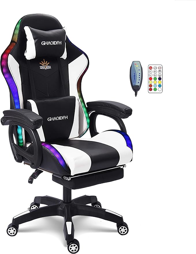 Video Gaming Chair with Speaker and RBG LightErgonomic Gaming Chair with Footrest and Massage Function90°-135° Comfortable Computer Reclining ChairAdults Teens Computer Chair.White