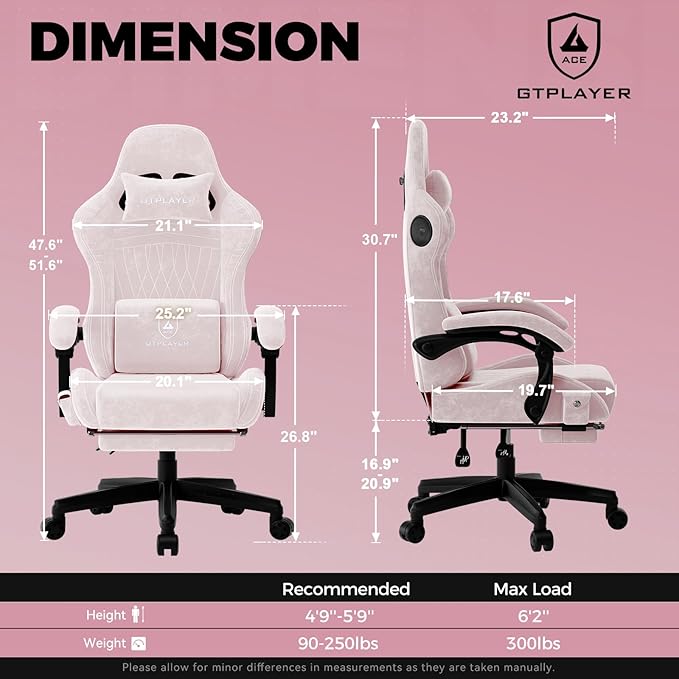 GTPLAYER ACE-PRO Music Gaming Chairs – Built-in Speakers App Support &amp Bluetooth Control Computer Game Chairs with Footrest for Adults Ergonomic Reclining Silla Linkage Armrest Pink 【Velvet】