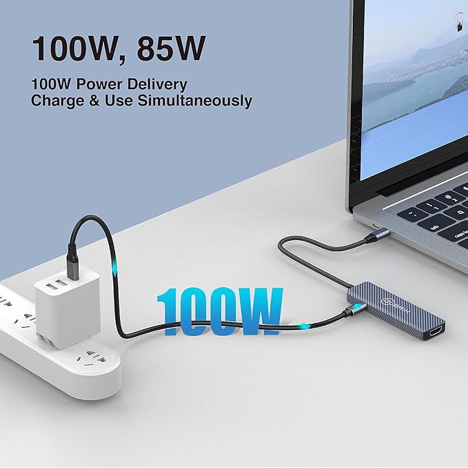 USB C 5 in 1 hub 10Gbps USB-C/A 3.2 Ports 4K 60HZ HDTV 100W PD Fast Charging Compatible for MacBook Pro/Air/Dell XPS/iPad Pro Aluminum Splitter/Surface Pro/Thunderbolt Laptops.