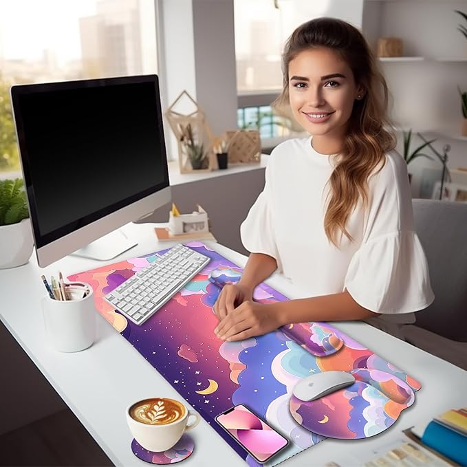 Purple Mouse Pad Large Desk Mat Set Kawaii Clouds Ergonomic Mouse Pad with Wrist Rest Keyboard Wrist Support XXL Mousepad Cup Coaster Set Cute Purple Office Desk Accessories Decor Supplies