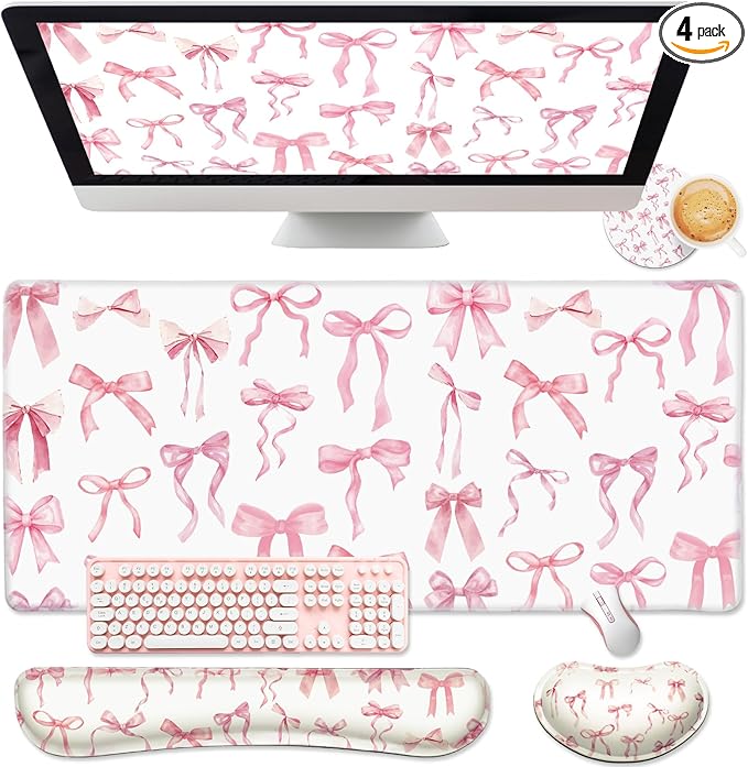 4 Pcs Pink Bow Keyboard Mat and Mouse Pad Set Coquette Desk Mat Bowknot Mouse Pad with Wrist Rest Cute Keyboard Wrist Rest Preppy Cup Coasters Pink Ergonomic Design for Office Table Computer