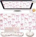 4 Pcs Pink Bow Keyboard Mat and Mouse Pad Set Coquette Desk Mat Bowknot Mouse Pad with Wrist Rest Cute Keyboard Wrist Rest Preppy Cup Coasters Pink Ergonomic Design for Office Table Computer