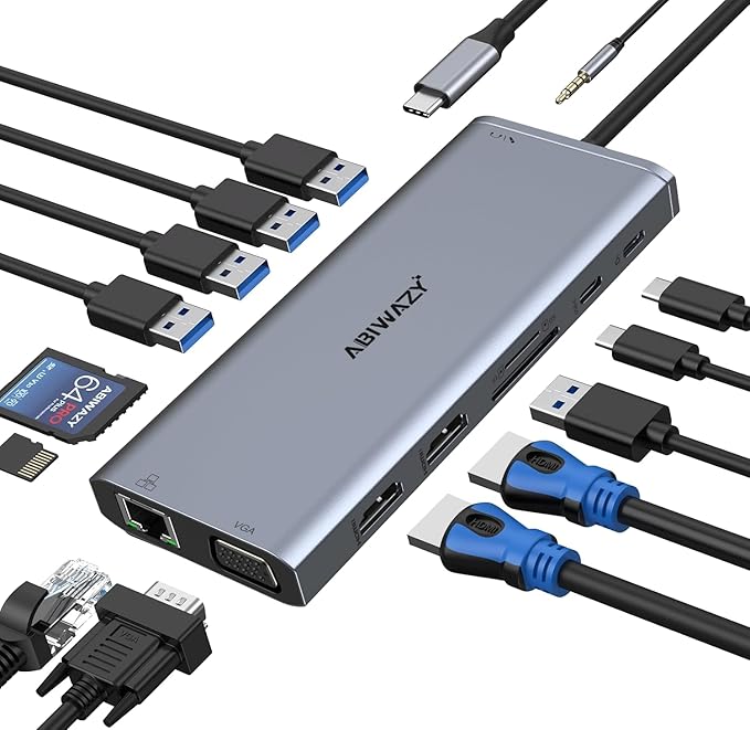 USB C Docking Station Dual Monitor for Dell/HP/Lenovo/Surface Laptop 14 in 1 Triple Display Hub Multiple Adapter Dongle with 2 HDMI 4K+VGA+5 Port+100W PD Charger+Ethernet+SD/TF+Audio