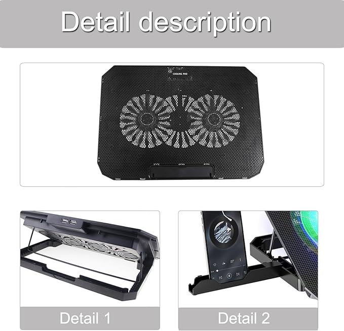 2-Fan Computer Cooling Pad Height Adjustable Laptop Stand with Phone Holder Lightweighted for Airflows Boosting Cooling Pad with Phone Stand
