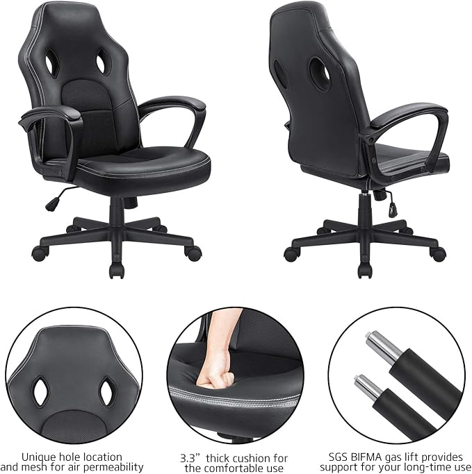 Office Gaming Chair High Back Leather Computer Chairs Ergonomic Height Adjustable Racing Game Desk Chair Executive Conference Task Chair (Black)