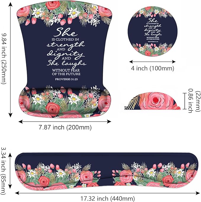 Keyboard Wrist Rest and Mouse Pad Wrist Support Set with Coasters Floral Quote Bible Verses Proverbs 31:25 Design Wrist Mouse Pad with Non-Slip PU Base for Home Office Working Studying