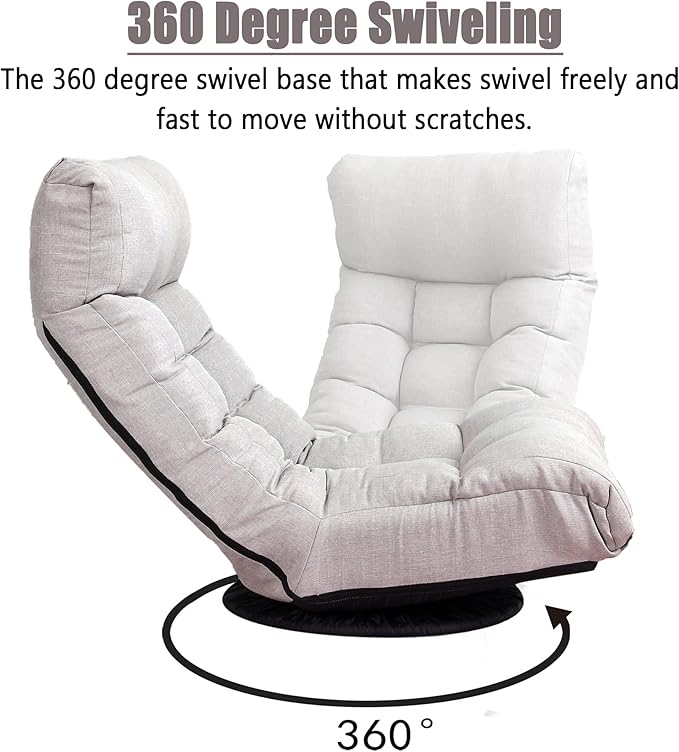Floor Chair Swivel Chaise Lounge SofaFloor Gaming Chair with 3 Adjustable Positions Foldable Lounge Chair Indoor with Cushion Padded Backrest and Footstool for Bedroom OfficeLight Grey