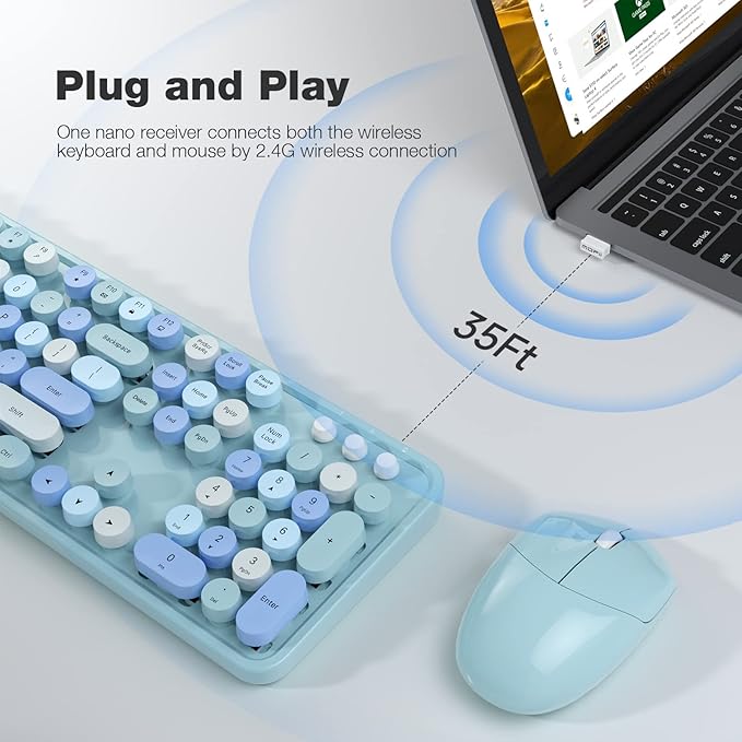KNOWSQT Wireless Keyboard and Mouse Combo Blue 104 Keys Full-Sized 2.4 GHz Round Keycap Colorful Keyboards USB Receiver Plug and Play for Windows Mac PC Laptop Desktop